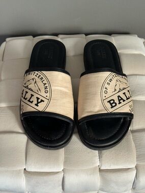 Bally Black Leather Logo Slide Sandals